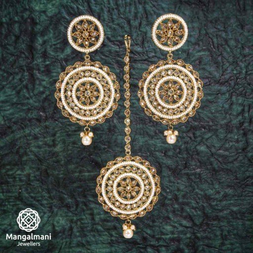 Stylish White Coloured With Designer Stone Work Polki Earring And Tikka Set Decorated With Reverse Ad