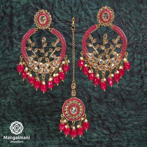 Trendy Red Coloured With Traditional Work Polki Earring And Tikka Set Adorned With Reverse Ad