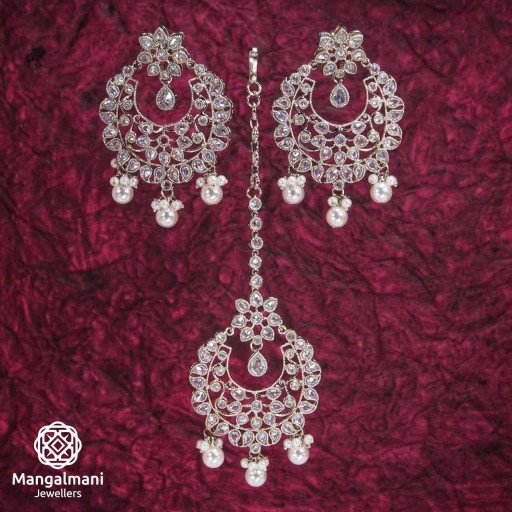 Antique White Coloured With Designer Stone Work Polki Earring And Tikka Set Embellished With Reverse Ad