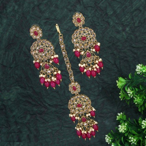 Desirable With Designer Stone Work Polki Earrings & Tikka