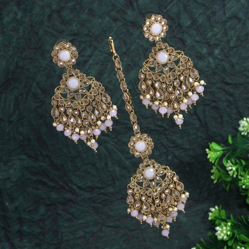 Exclusive With Designer Stone Work Polki Earrings & Tikka