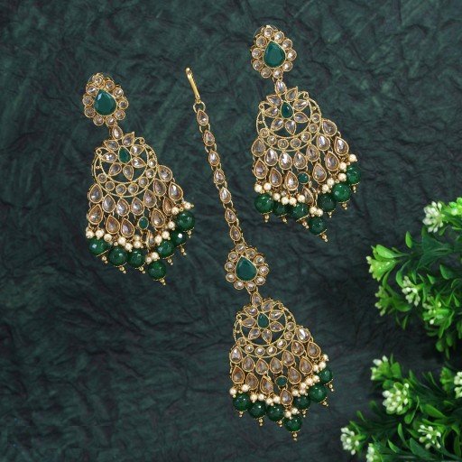 Fascinating With Traditional Work Polki Earrings & Tikka