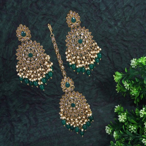 Magnificent With Ethnic Work Polki Earrings & Tikka