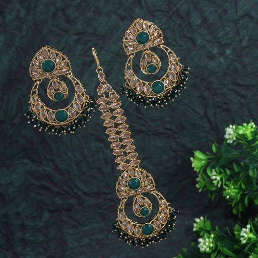 Marvellous With Designer Stone Work Polki Earrings & Tikka