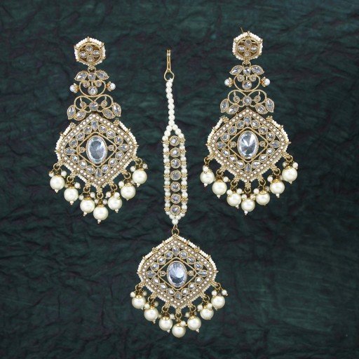 Charming With Ethnic Work Polki Earrings & Tikka