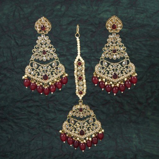 Desirable With Designer Stone Work Polki Earrings & Tikka