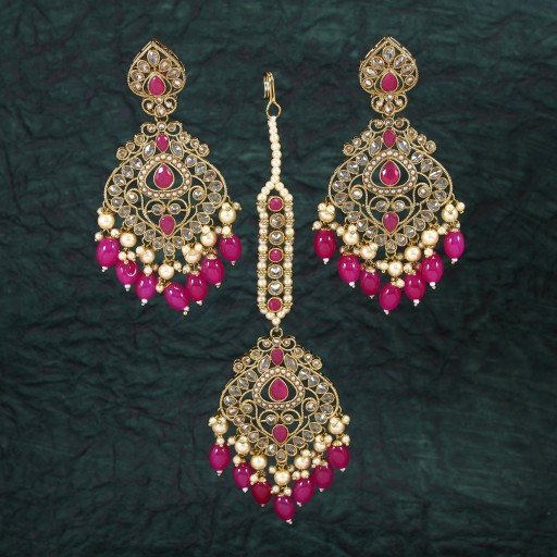 Fascinating With Traditional Work Polki Earrings & Tikka