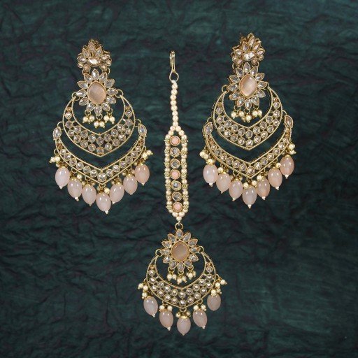 Glamorous With Designer Stone Work Polki Earrings & Tikka