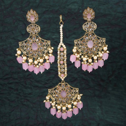 Magnificent With Ethnic Work Polki Earrings & Tikka