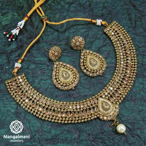 Antique LCT Coloured With Ethnic Work Polki Necklace Set Embellished With Reverse Ad