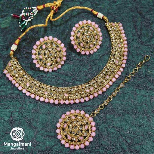 Attractive Pink Coloured With Designer Stone Work Polki Necklace Set Decorated With Reverse Ad