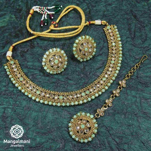 Beautiful Mint Coloured With Traditional Work Polki Necklace Set Adorned With Reverse Ad