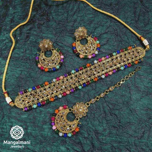 Captivating Multicolour Coloured With Ethnic Work Polki Necklace Set Studded With Reverse Ad