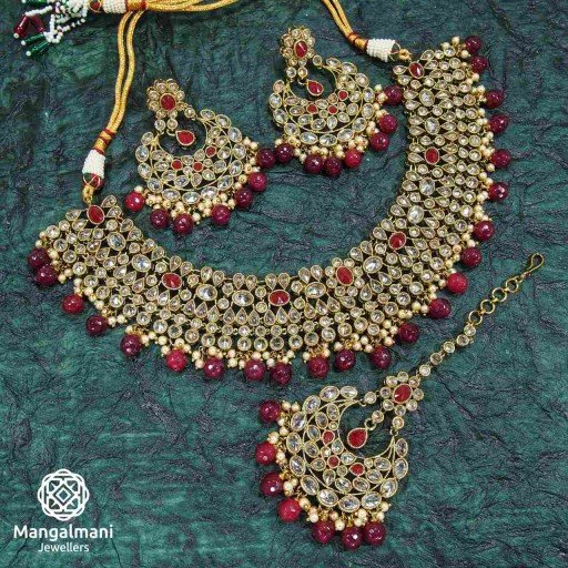 Elegant Maroon Coloured With Designer Stone Work Polki Necklace Set Studded With Reverse Ad