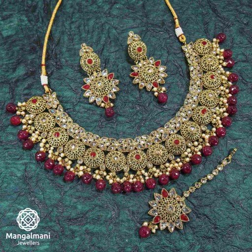 Engaging Maroon Coloured With Traditional Work Polki Necklace Set Embellished With Reverse Ad