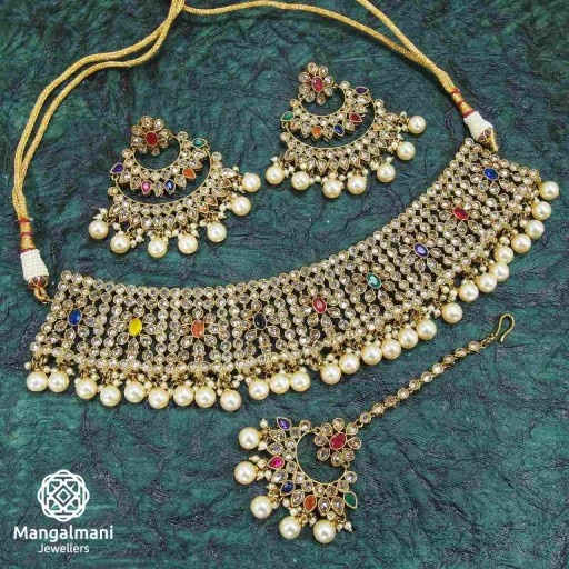Exclusive Multicolour Coloured With Ethnic Work Polki Necklace Set Decorated With Reverse Ad
