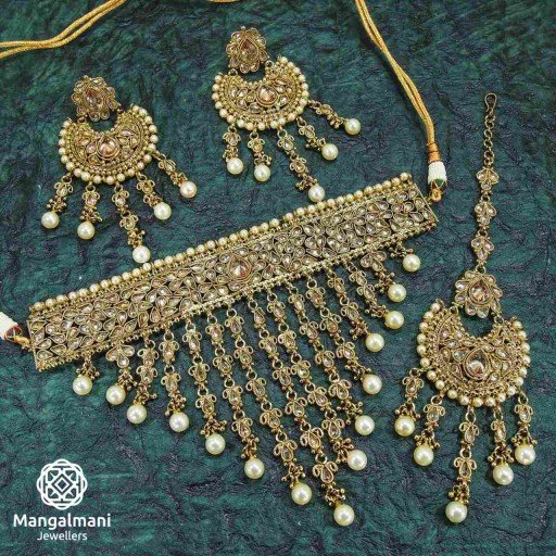 Fashionable LCT Coloured With Traditional Work Polki Necklace Set Studded With Reverse Ad