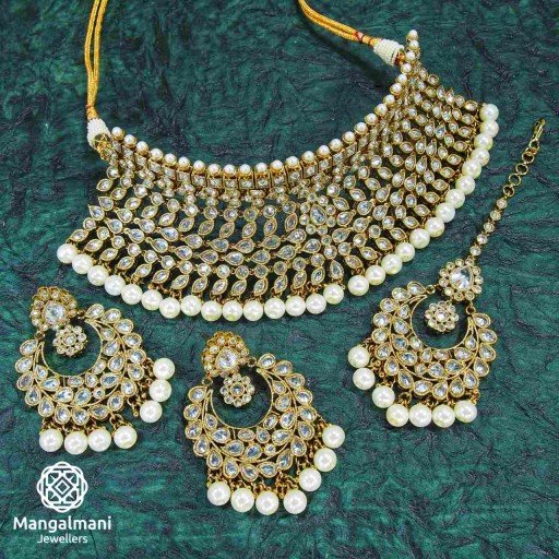 Glorious White Coloured With Designer Stone Work Polki Necklace Set Decorated With Reverse Ad
