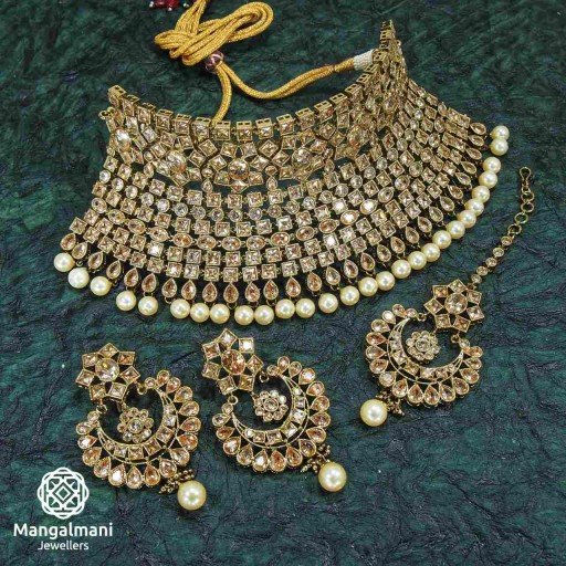 Pretty LCT Coloured With Designer Stone Work Polki Necklace Set Studded With Reverse Ad