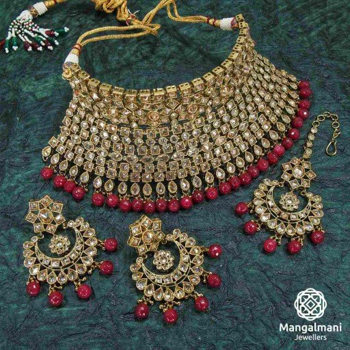 Prettyish Maroon Coloured With Traditional Work Polki Necklace Set Embellished With Reverse Ad