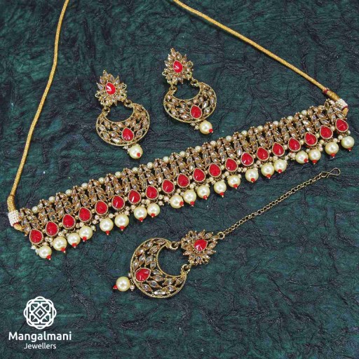 Trendy Red Coloured With Traditional Work Polki Necklace Set Adorned With Reverse Ad