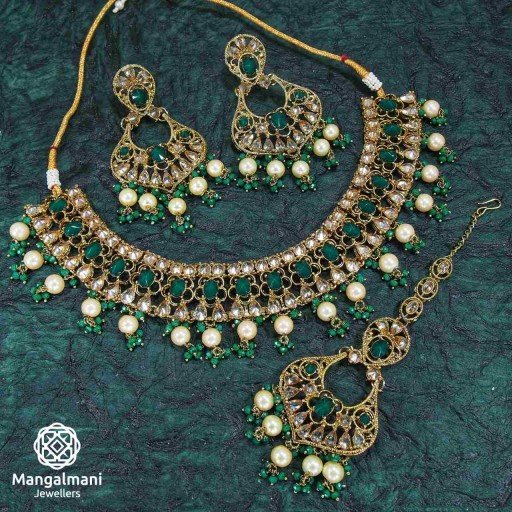 Antique Green Coloured With Designer Stone Work Polki Necklace Set Embellished With Reverse Ad