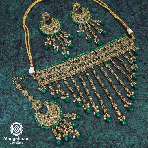 Charming Green Coloured With Ethnic Work Polki Necklace Set Decorated With Reverse Ad