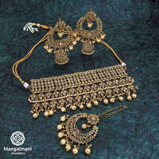 Glorious LCT Coloured With Traditional Work Polki Necklace Set Decorated With Reverse Ad