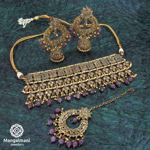 Marvellous Purple Coloured With Designer Stone Work Polki Necklace Set Studded With Reverse Ad