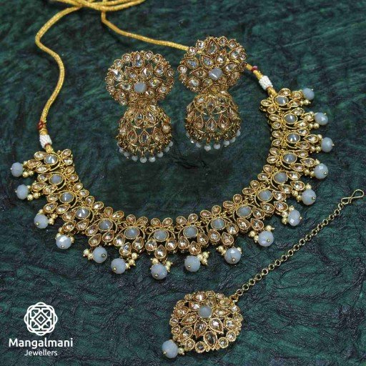 Prepossessing Grey Coloured With Ethnic Work Polki Necklace Set Decorated With Reverse Ad