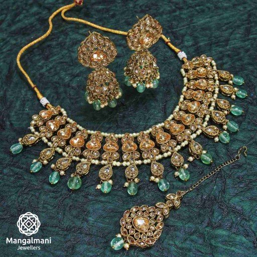Prettyish Green Coloured With Ethnic Work Polki Necklace Set Embellished With Reverse Ad