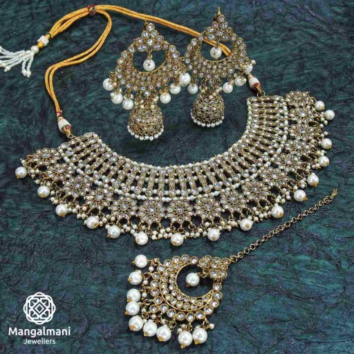 Stunning Silver Coloured With Designer Stone Work Polki Necklace Set Embellished With Reverse Ad