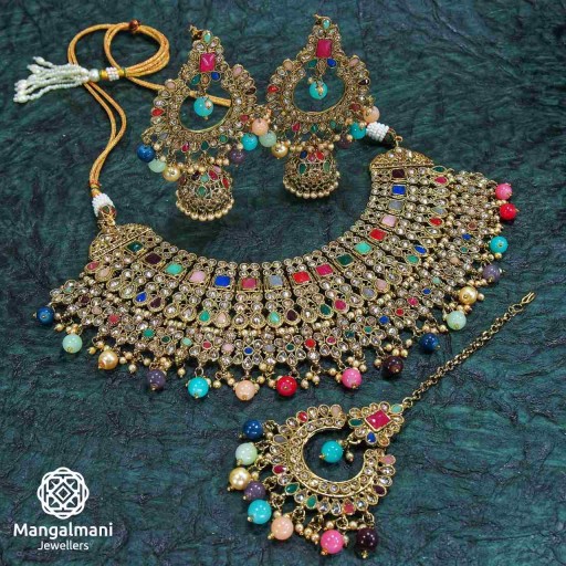 Stylish Multicolour Coloured With Traditional Work Polki Necklace Set Decorated With Reverse Ad