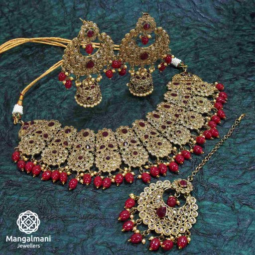 Trendy Maroon Coloured With Ethnic Work Polki Necklace Set Adorned With Reverse Ad