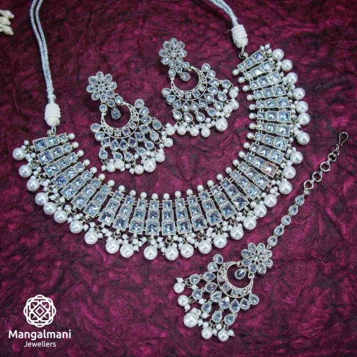 Antique Silver Coloured With Traditional Work Polki Necklace Set Embellished With Reverse Ad