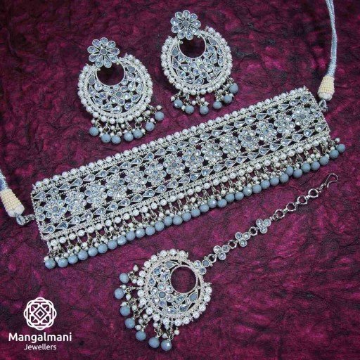 Ravishing Grey Coloured With Designer Stone WorkPolki Necklace Set Adorned With Reverse Ad