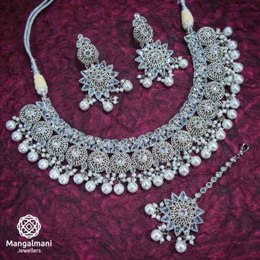 Stunning Silver Coloured With Ethnic WorkPolki Necklace Set Embellished With Reverse Ad