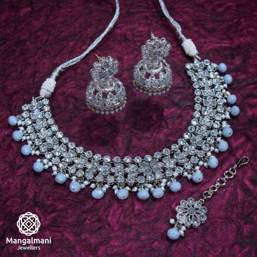 Trendy Grey Coloured With Traditional WorkPolki Necklace Set Adorned With Reverse Ad