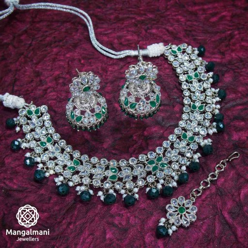 Alluring Green Coloured With Ethnic WorkPolki Necklace Set Studded With Reverse Ad
