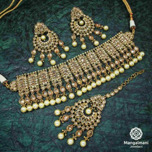 Captivating LCT / Gold Coloured  Polki Necklace Set Decorated With Reverse Ad