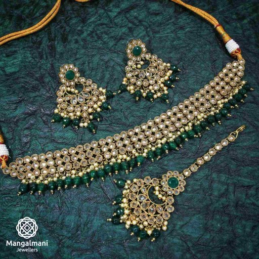 Charming Green Coloured  Polki Necklace Set Embellished With Reverse Ad