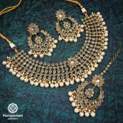 Elegant LCT / Gold Coloured  Polki Necklace Set Adorned With Reverse Ad