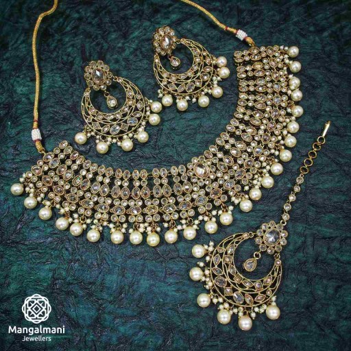 Engaging LCT / Gold Coloured  Polki Necklace Set Embellished With Reverse Ad