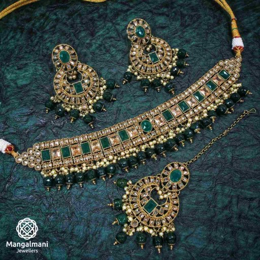 Exclusive Green Coloured  Polki Necklace Set Decorated With Reverse Ad