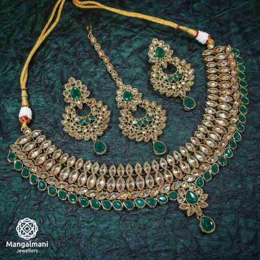 Fascinating Green Coloured  Polki Necklace Set Adorned With Reverse Ad