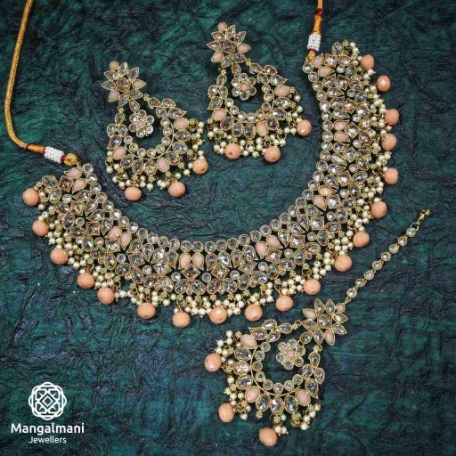 Magnificent Peach Coloured  Polki Necklace Set Embellished With Reverse Ad