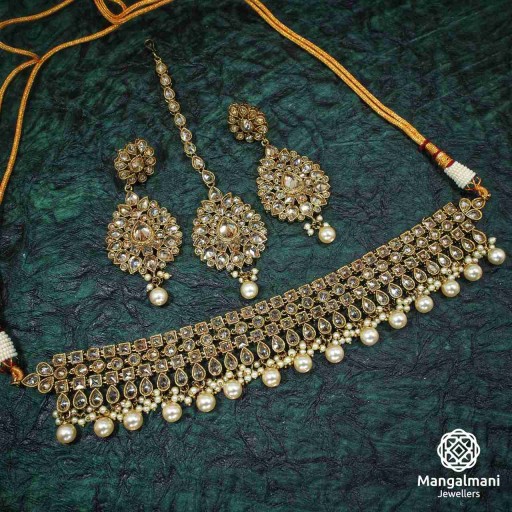 Presentable LCT / Gold Coloured  Polki Necklace Set Decorated With Reverse Ad
