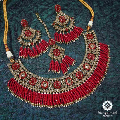 Stunning Red Coloured  Polki Necklace Set Decorated With Reverse Ad
