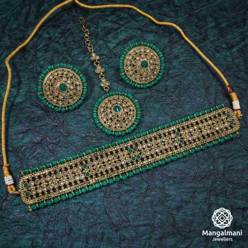 Stylish Green Coloured  Polki Necklace Set Adorned With Reverse Ad
