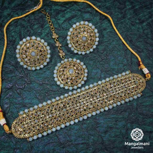Alluring Grey Coloured  Polki Necklace Set Decorated With Reverse Ad